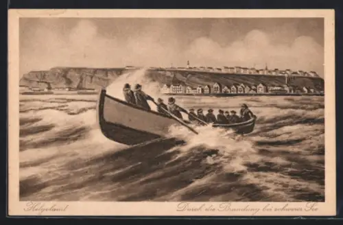 AK Helgoland, ein Ruderboot bricht die Brandung bei schwerer See