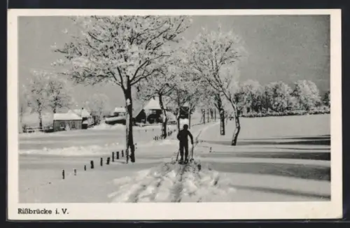AK Hammerbrücke i. V., Rissbrücke mit Skifahrer im Winter