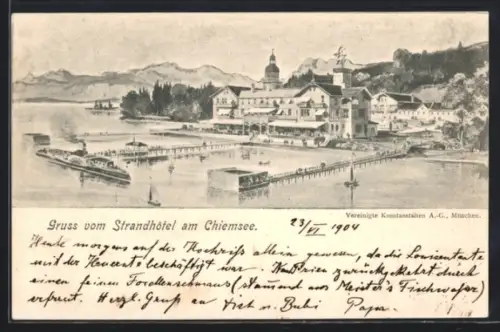 Künstler-AK Chiemsee, Blick auf das Strandhotel mit Dampfer
