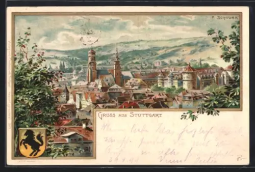 Lithographie Stuttgart, Teilansicht mit Kirche, Wappen