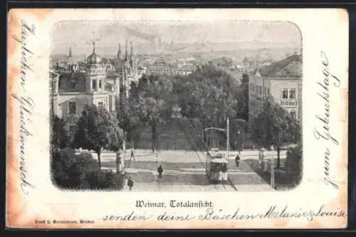AK Weimar, Totalansicht mit Strassenbahn
