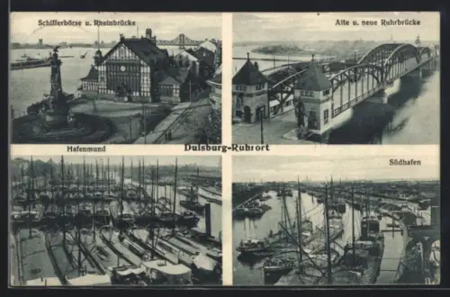 AK Duisburg-Ruhrort, Schifferbörse und Rheinbrücke, Südhafen, Hafenmund