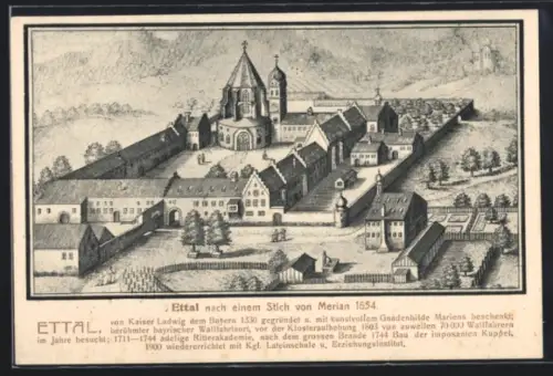 AK Ettal, Ortsansicht im Jahre 1654 nach Merian