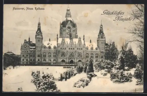 AK Hannover, Neues Rathaus im Schnee, Neujahrsgruss