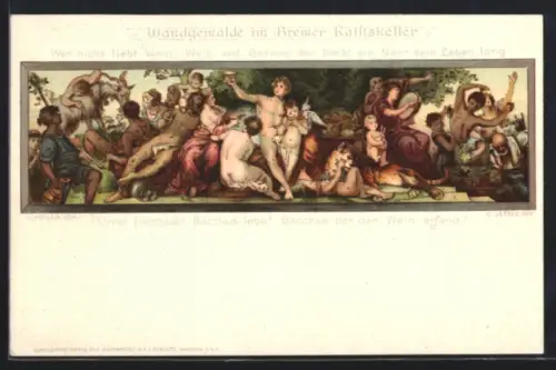 Lithographie Bremen, Wandgemälde mit Bacchus im Gasthaus Rathskeller