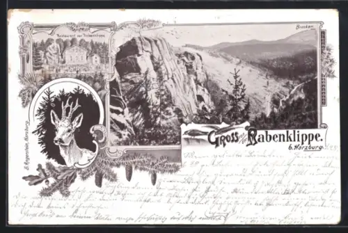Künstler-AK Harzburg, Restaurant zur Rabenklippe, Hirsch