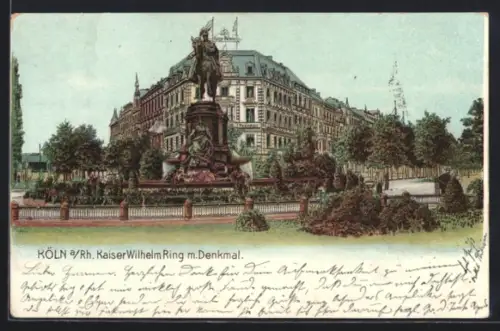Lithographie Köln-Neustadt, Kaiser-Wilhelm-Ring mit Denkmal