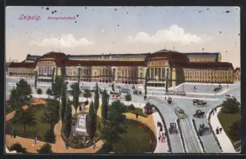 AK Leipzig, Partie vorm Hauptbahnhof mit Strassenbahn