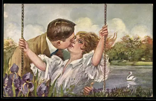 AK Mann küsst eine Frau auf einer Schaukel vor einem Schwan, Liebespaar