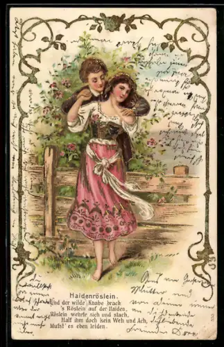 AK Haidenröslein, Junger Mann umarmt seine Angebetete von hinten, Liebespaar