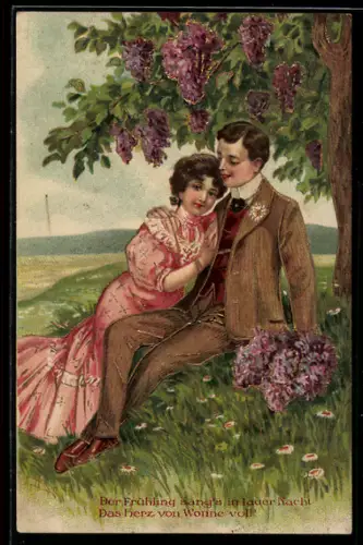AK Liebespaar sitzt unter einem Baum mit blühendem Flieder
