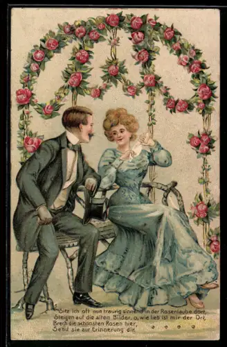 AK Liebespaar sitzt unter blühenden Rosen