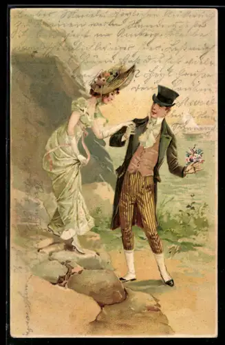 AK Hübsche Dame nimmt die Hand eines Herren mit Blumenstrauss in der Hand, Liebespaar