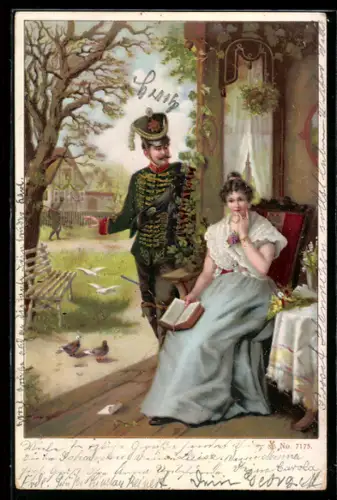 Lithographie Husar besucht überraschte Dame