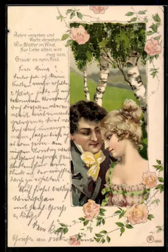 AK Liebespaar steht unter blühenden Birken