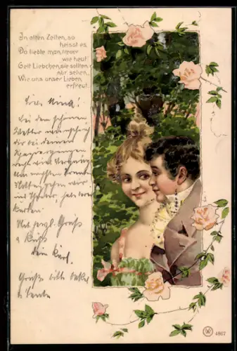 AK Liebespaar läuft an einem erblühten Baum vorbei