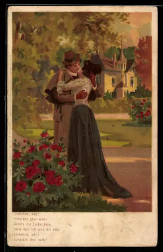 AK Liebespaar küsst sich vor einer Ortspartie