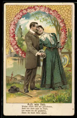 AK Liebespaar unter einem Ring von Blumen