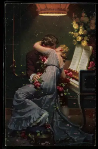 AK Liebespaar küsst sich vor einem Klavier