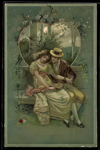 AK Liebespaar Hand in Hand auf einer Bank sitzend, mit Vergissmeinnicht