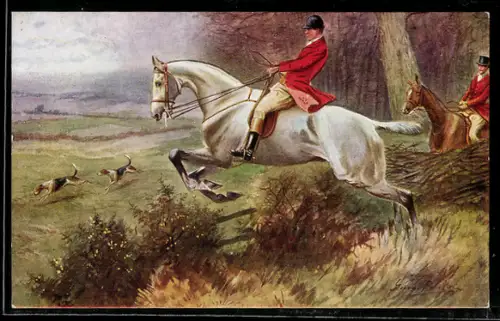 AK Reiter und Hunde am Waldrand auf der Jagd