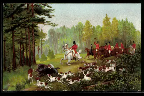 AK Hundemeute hat ein Wildschwein gestellt, Jäger zu Pferde