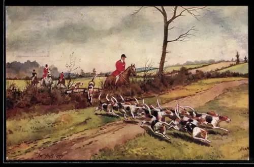 AK Jäger zu Pferde folgen der Hundemeute über einen Feldweg