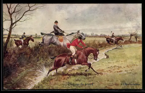 AK Jäger zu Pferde springen über einen Wassergraben