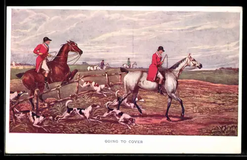 AK Going to Cover, Zwei Jäger zu Pferde mit Hundemeute, Jagd