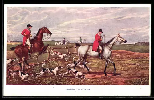 AK Going to Cover, Jäger zu Pferde, Hundemeute, Jagd