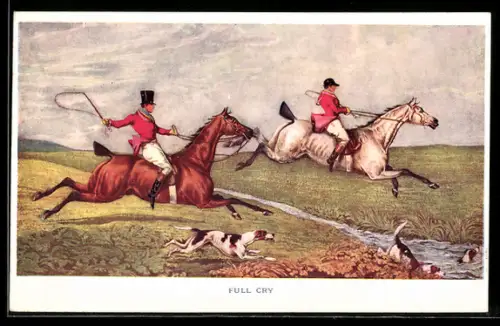 AK Full Cry, Jäger zu Pferde und Hunde überwinden einen Graben