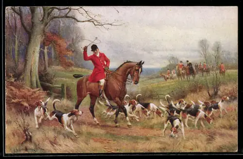 AK Jäger zu Pferde mit erhobener Peitsche und Hundemeute