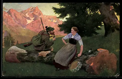 AK ein Jäger sitzt auf einem Baumstamm mit einer Frau in einer bayerischen Tracht