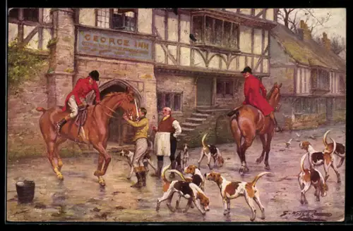 Künstler-AK M. Munk Nr. 422: Männer versorgen die Pferde der Jagdgesellschaft nach der Heimkehr