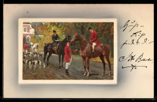 AK Aufbruch zur Jagd, Jäger zu Pferde, Hundemeute