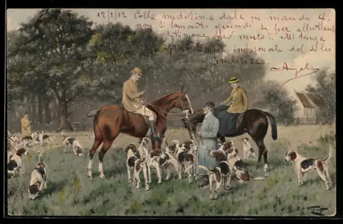 AK Spaziergänger trifft auf Jäger zu Pferde mit Hundemeute