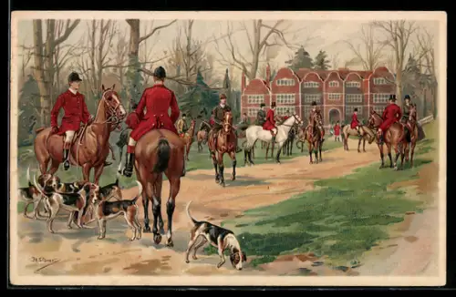 AK Jäger zu Pferde mit Hunden vor einem Herrenhaus
