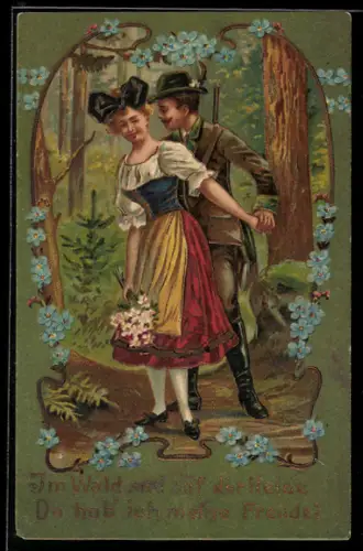 AK Im Wald und auf der Heide..., Jäger beim Stelldichein mit Trachtenmädchen