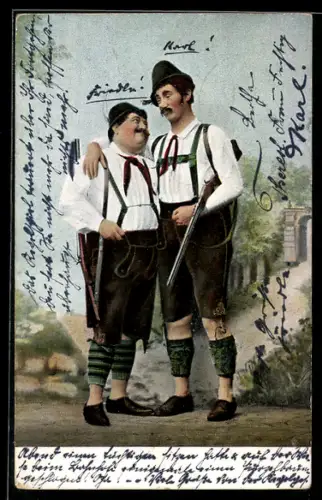 AK Dicker und dünner Jäger in bayrischer Tracht