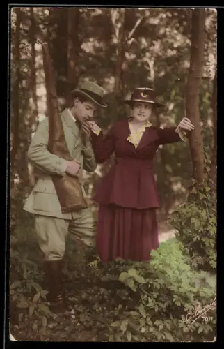AK Jäger und Dame beim Stelldichein