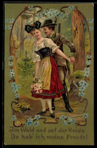 AK Im Wald und auf der Heide..., Jäger in Lodengrün beim Stelldichein mit Trachtenmädchen