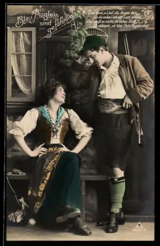 AK Das sind, o Lieb..., Jäger und Trachtenmädchen, Blau-Äuglein sind gefährlich