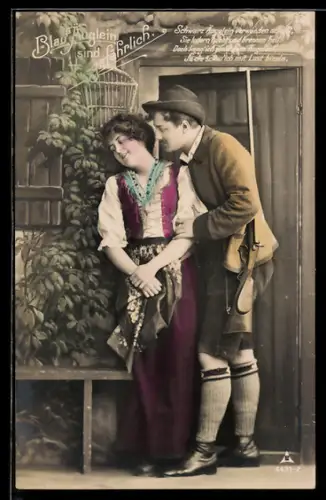AK Schwarz Äugelein verwunden..., Jäger und Trachtenmädchen, Blau-Äuglein sind gefährlich