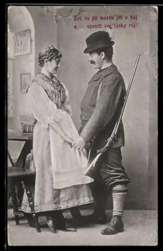 AK Jäger und Trachtenmädchen beim Flirt