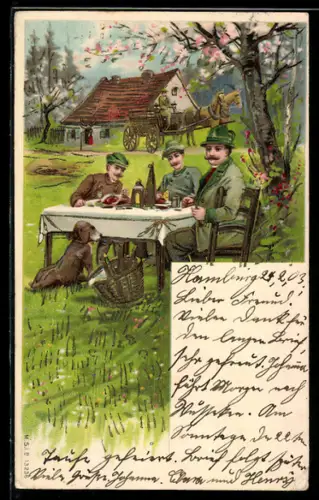 AK Jäger mit Hund essen am Gartentisch, Pfingstgruss