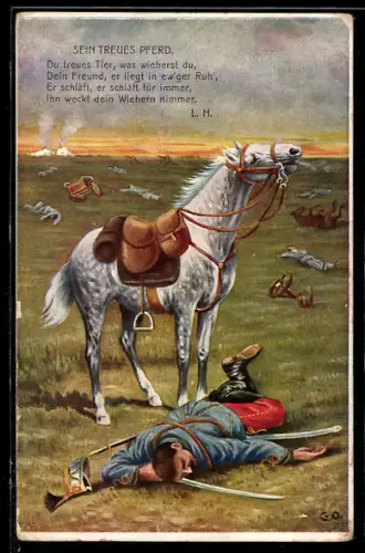 AK österreichischer Soldat, sein treues Pferd, Soldat in Uniform liegt da nieder