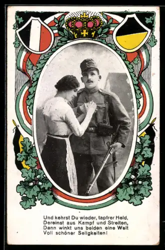 AK Österreichischer Soldat mit Frau, Wappen, Passepartout