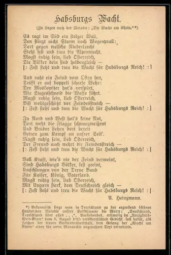 AK Habsburgs Wacht, Es ragt im Süd ein stolzer Wall...