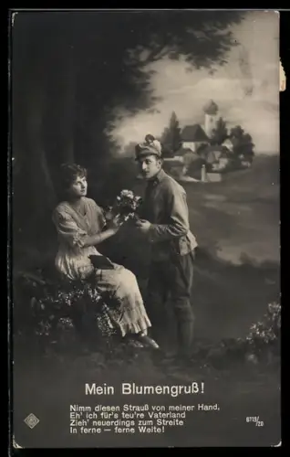 AK Österreichischer Soldat mit Blumen für Frau