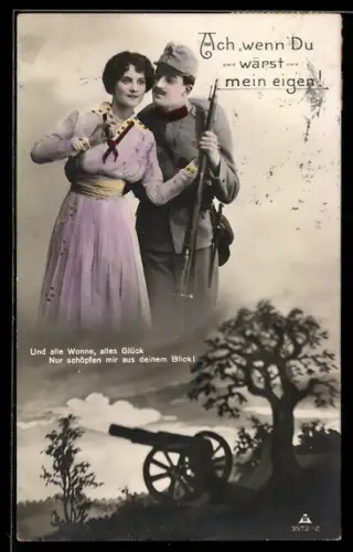 AK Österreichischer Soldat mit Frau, Kanone